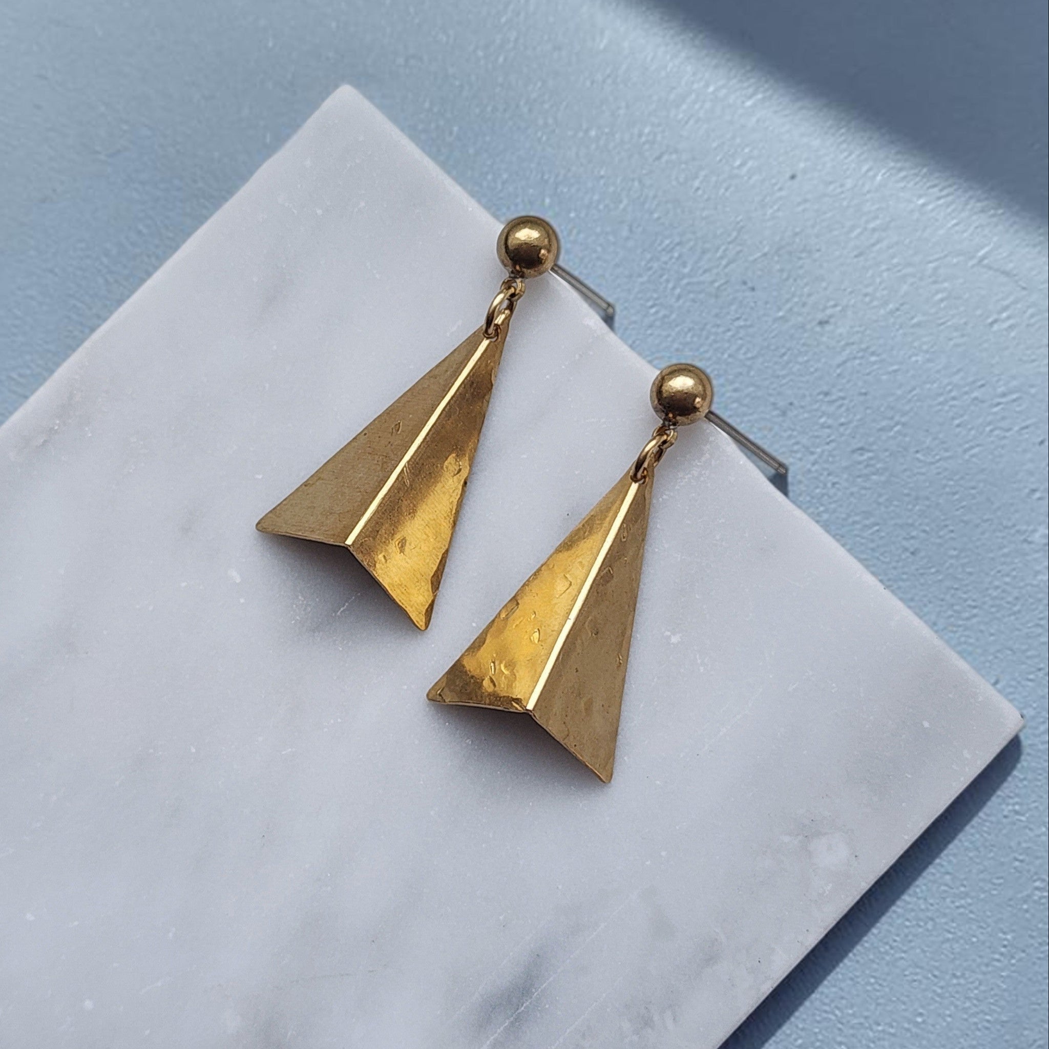 Folded Triangle Earrings | Textured Brass Geometric Drops | Dainty Handmade Everyday Jewelry