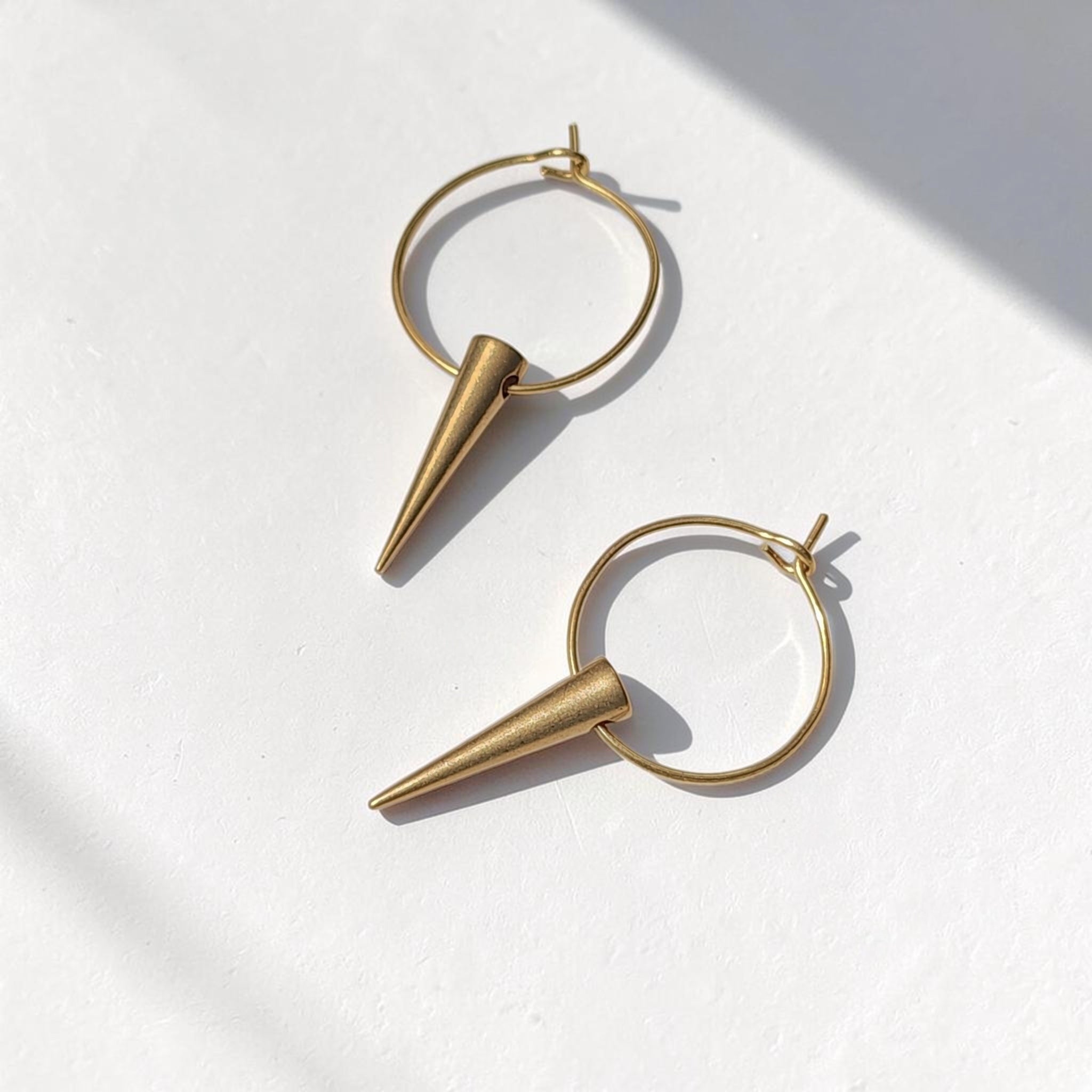 Spike Hoop Earrings | Small Brass Spike Drops | Minimalist Edgy Everyday Jewelry