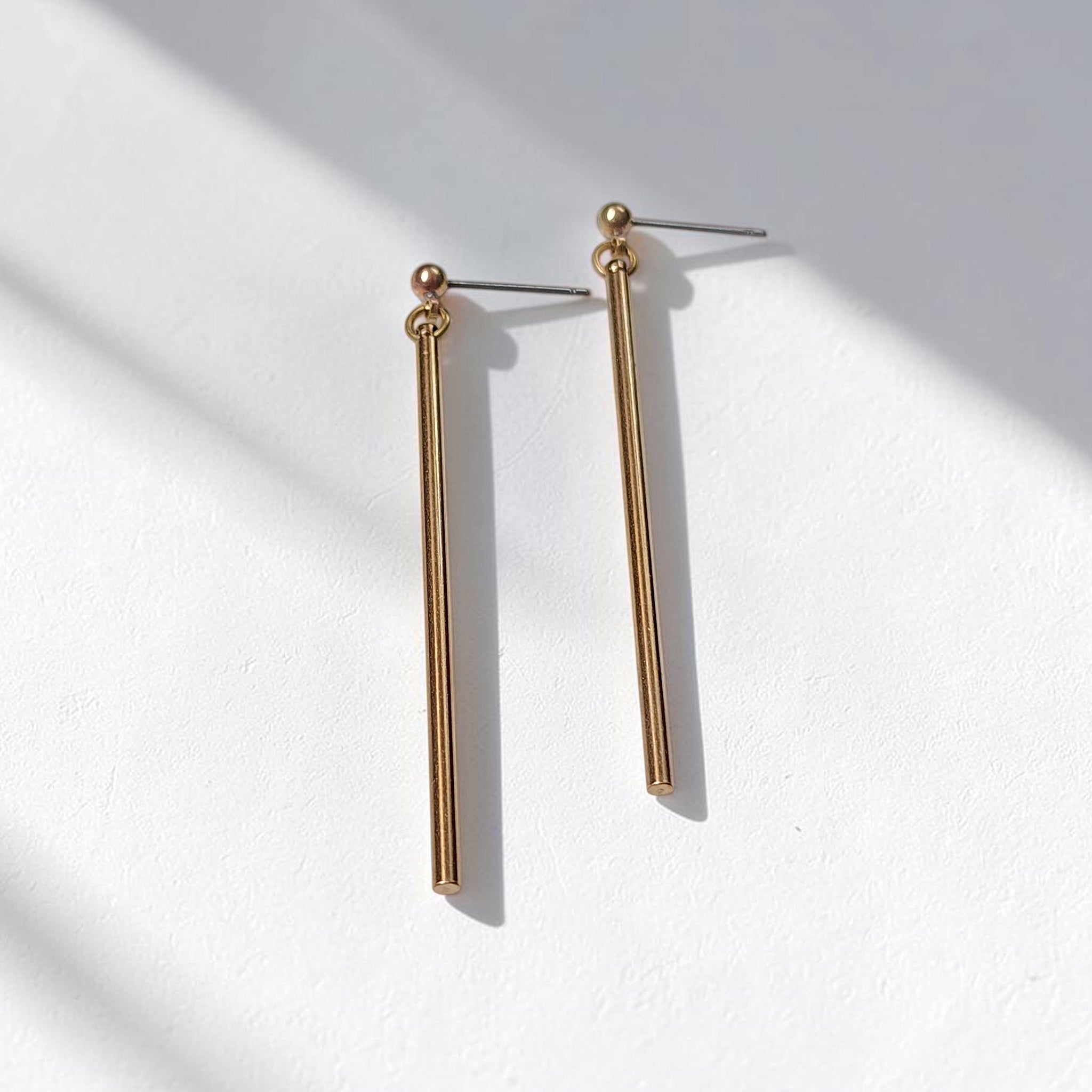 Brass Bar Stud Earrings | Skinny Gold Stick Dangles | Minimalist Handmade Everyday Jewelry