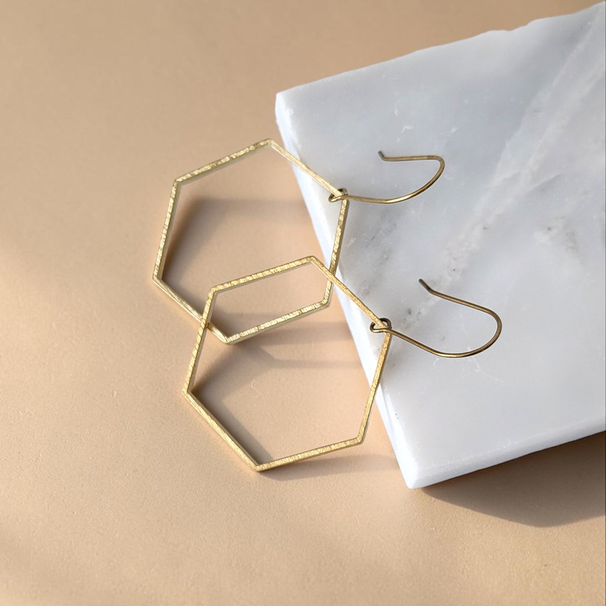 Hexagon Dangle Earrings | Dainty Brass Geometric Drops | Handmade Everyday Artisan Jewelry