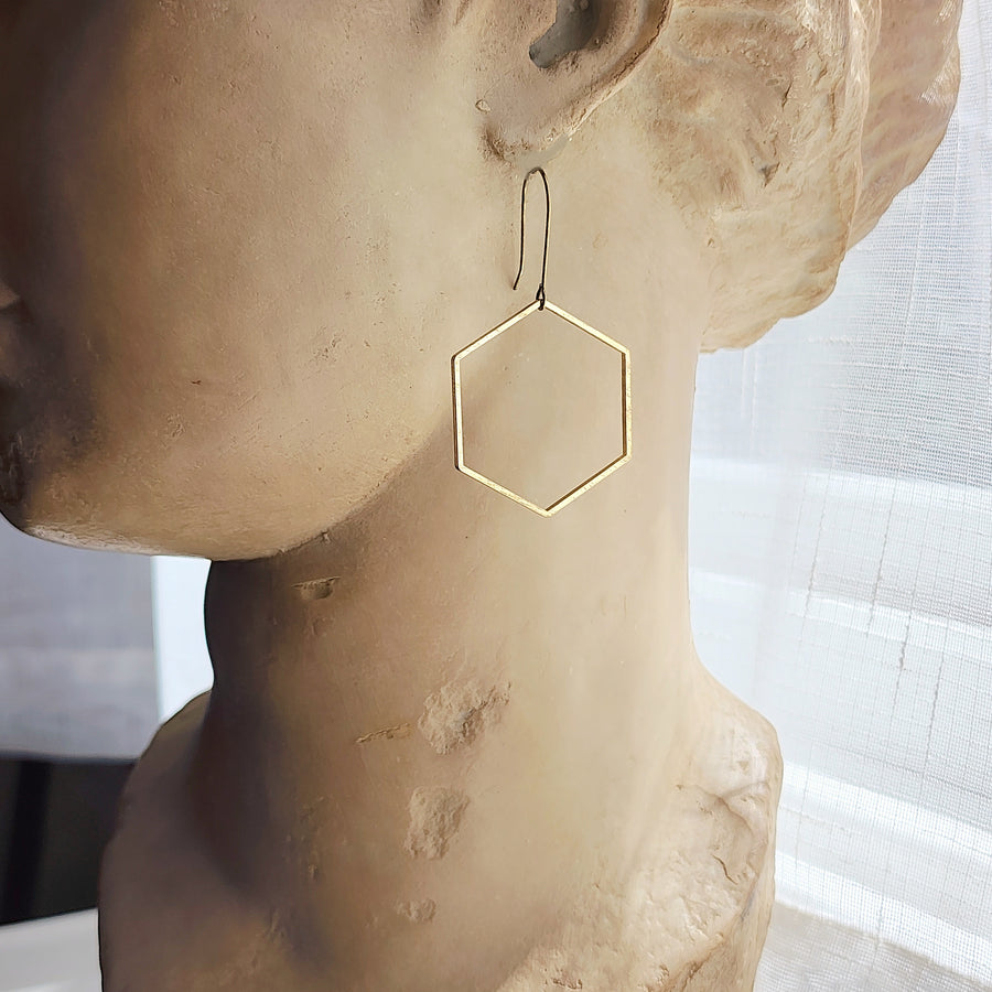 Hexagon Dangle Earrings | Dainty Brass Geometric Drops | Handmade Everyday Artisan Jewelry
